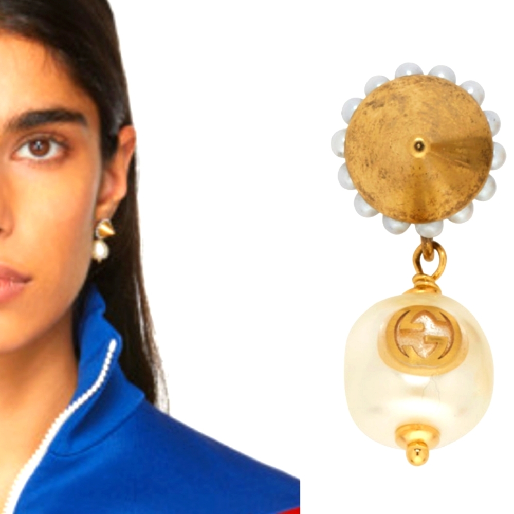 GUCCI pearl w logo inverted stud gold drop earrings